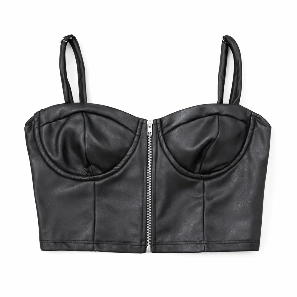 Haute Monde Black Faux Leather Bustier Crop Top Corset Zip Front Size M